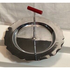 Silver Chrome Vintage Round Candy Dish Red Bakelite Handle Cookies Relish Tray